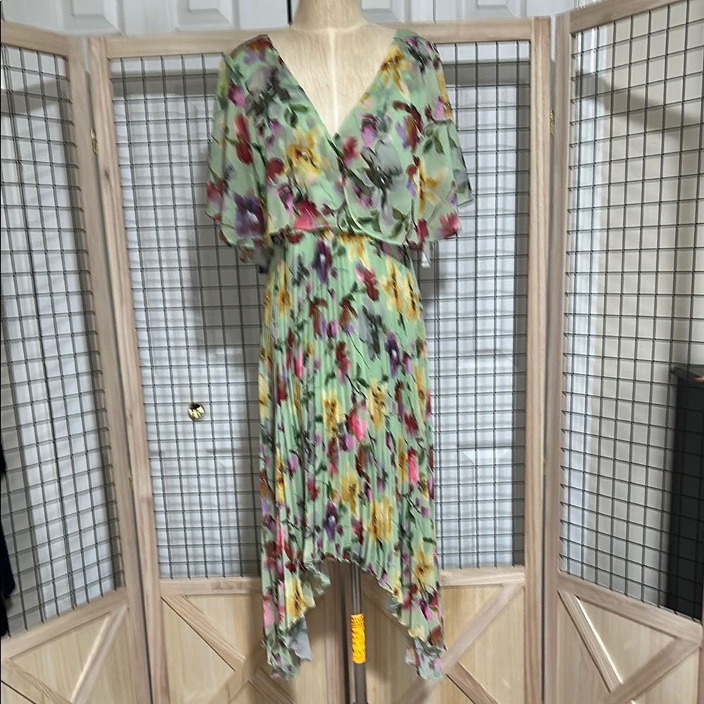 Kensie Floral Shark Bite Hem Dress with Flutter Sleeves
